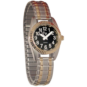Lady's silver and gold low vision watch with black clockface and large white numbers and hands.