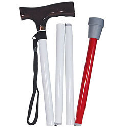 White folding adjustable support cane with black handle, black chord, red bottom and white rubber tip. 