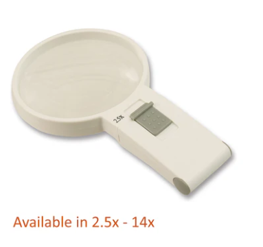 Photo of LED hand-held magnifier with 2.5x magnification. A caption says "available in 2.5 - 14x"