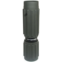 Black, cylindrical , rubber covered, monocular on white background.