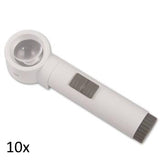 White, round lens stand magnifier with cylindrical handle grey on/off switch and grey battery port. 10x.