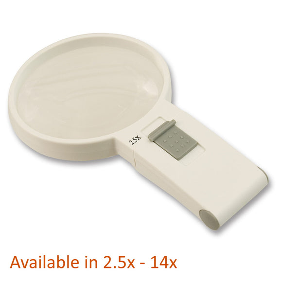 White, round lens hand held magnifier with grey on/off switch on rectangular handle labeled 2.5x. Available in 2.5x - 4x.