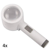 White, round lens stand magnifier with cylindrical handle grey on/off switch and grey battery port. 4x.