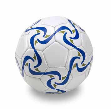 Blue, white and green soccer ball, fully inflated. 