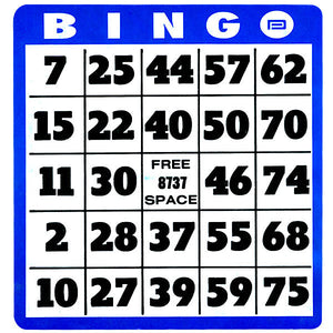  7" x 6 3/4" bingo card with large, bold, black numbers, blue border on a white background.