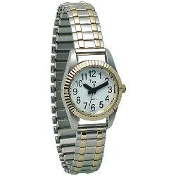 Lady's silver and gold low vision watch with white face and large, bold black numbers and hands.