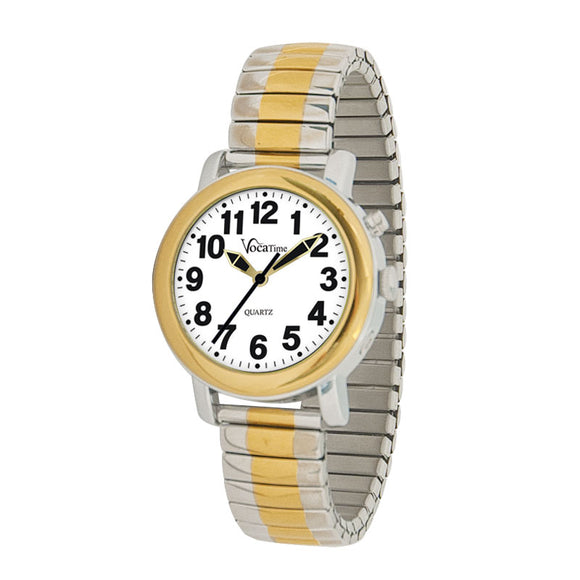 Gold and silver ladies talking watch with white face and bold black numbers.