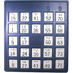 8 1/4" X 8 1/4" plastic bingo board with braille and large print black raised numbers