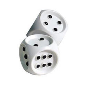 A pair of dice with raised, bold, black dots. 
