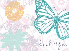 Card has white background with pastel flowers and a teal butterfly. Text reads "Thank you" in cursive writing.
