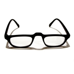 Black reading glasses on white background.