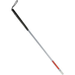 Standard type white cane with red bottom, white pencil tip, black grip with tether. Does not collapse.