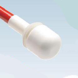 Wider, cylindrical, marshmallow shaped Ambutech hook-on roller cane tip. 