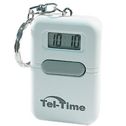 White talking keychain clock displaying 10:10